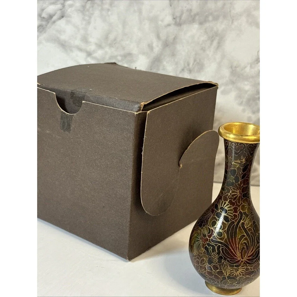 Cloisonné vase brown, burgundy, black floral 4